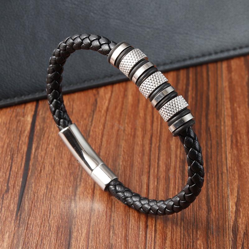 New Style Male Bracelet with Stainless Steel Beads Punk Braided Leather Bracelets Jewelry for Men 2026 Surprise Gift