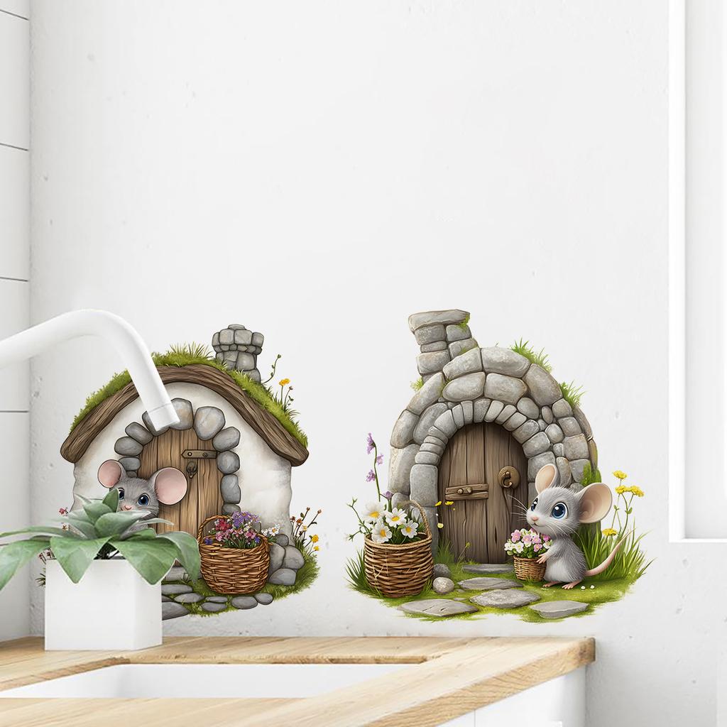 Hand-Painted Flowers & Mouse Hole Wall Stickers, Artistic Decals for Bedroom Living Room Entryway Decor, Self-Adhesive