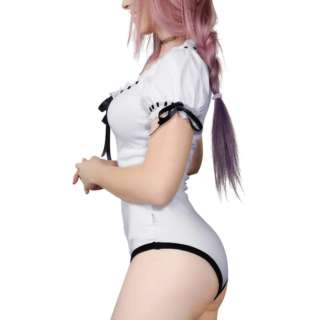 [LittleForBig] Adult Lolita Romper with Ribbon Bow and Lace, Front-Opening Cotton Pajamas, White, Size M