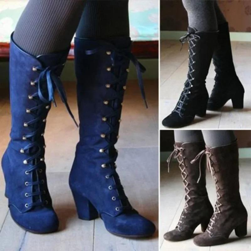 Fashion Roman Boots 2024 New Autumn and Winter Fashionable Lace Up Knight Boots Round Toe High-heeled Retro Women's Shoes Zapatos Mujer