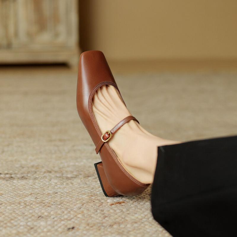 New sheepskin women's shoes low-heeled solid-color leather square heel beef tendon sole large-size shoes cowhide casual square head four-season si