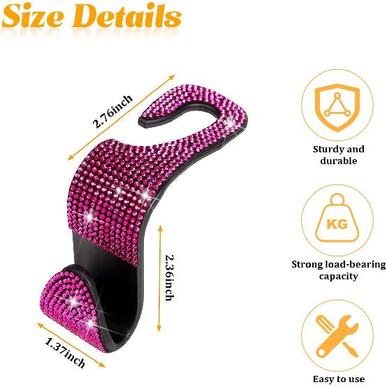 HZEL Bling Car Seat Headrest Hooks, 4PCS Crystal Rhinestone Vehicle Seat Back Hanger Holder for Purses Bag Handbags, Diamond Headrest Storage