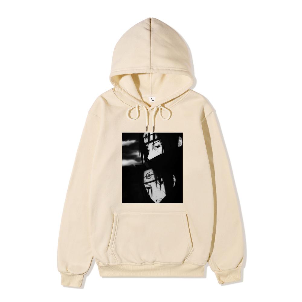 Anime Naruto Uchiha Itachi Hoodie Black and White Manga Portrait Front Print Pullover Sweatshirt Men Women Streetwear