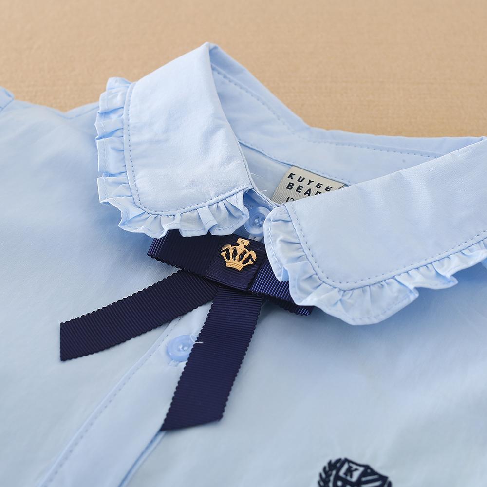 Girls Ruffle Collar Shirt 5-12 Years Long Sleeve Bow Tie Kids School Uniform Blouse Polyester Children Daily Tops
