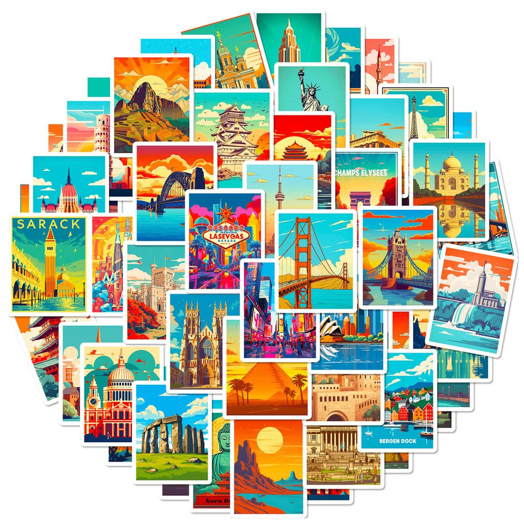50 World Landmarks Oil Paintings Wind World Famous Architectural Signs Stickers Travel City Stickers Fever