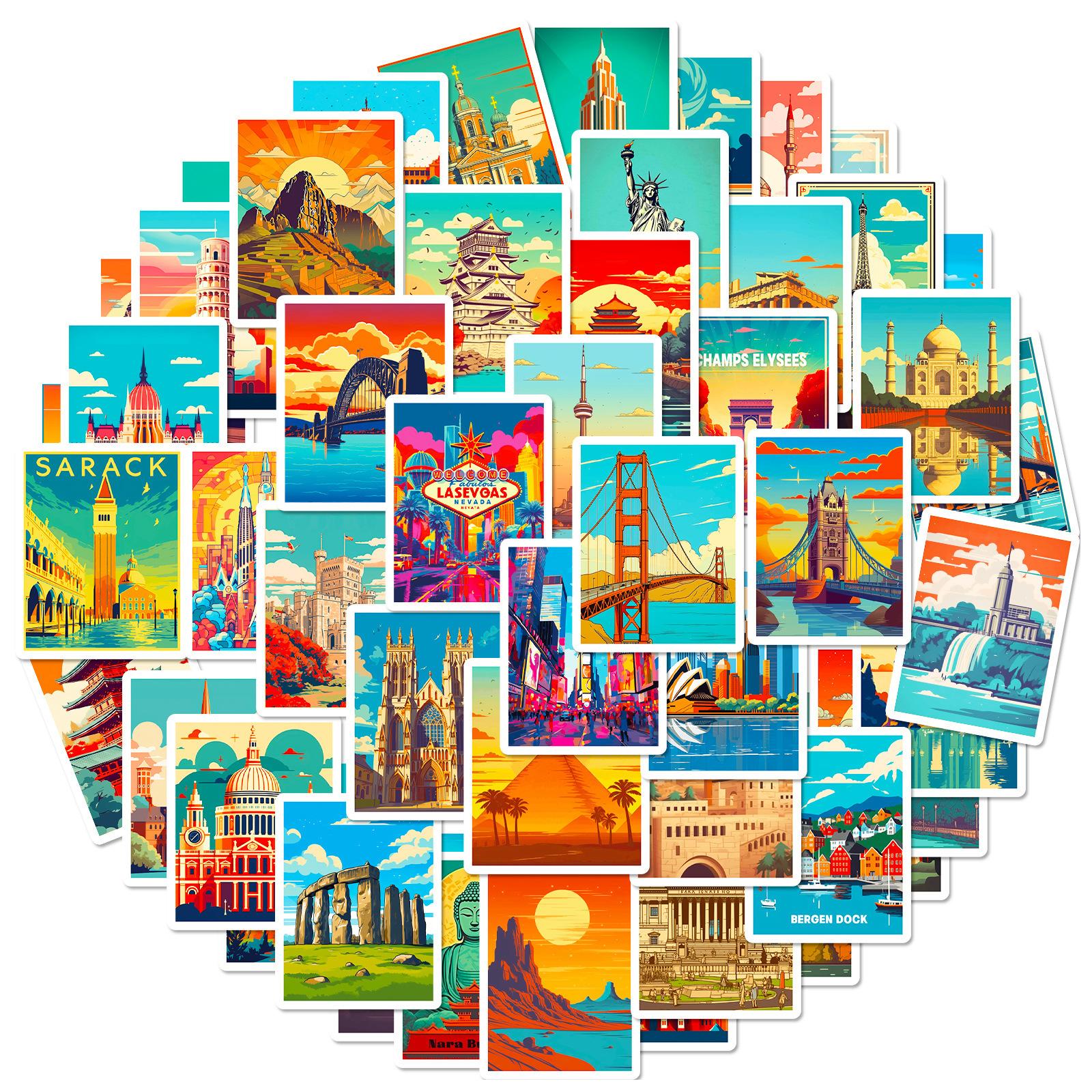 

50 World Landmarks Oil Paintings Wind World Famous Architectural Signs Stickers Travel City Stickers Fever