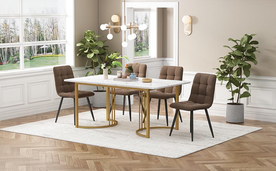 Dining Set (5-Piece), Dining Table with 4 Chairs Set, 140×80cm Kitchen Table with Golden Metal Legs, MDF Tabletop In White, Brown Velvet Dining Chairs