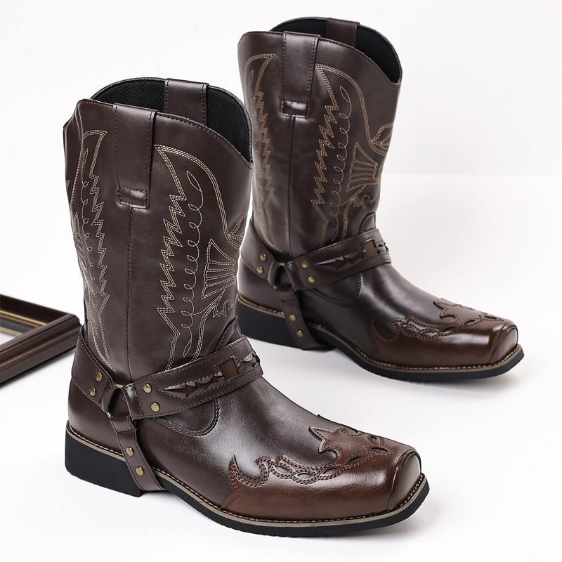 Bottes d'équitation western pour homme, bout carré, mi-mollet, en cuir, mode décontractée, semelle épaisse
