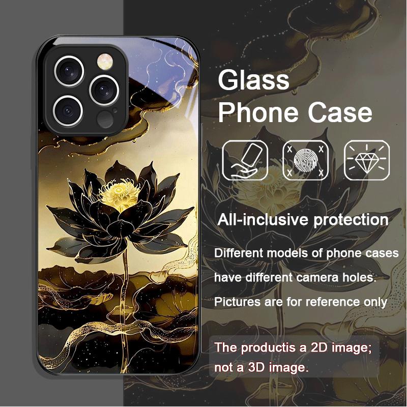 

Luxury Floral Art Lotus Flower Pattern Tempered Glass Phone Case for iPhone 17 16 Pro Max 15 14 13 12 Mini 11 X XS 7 8Plus Cover iPhone 15 Pro Max