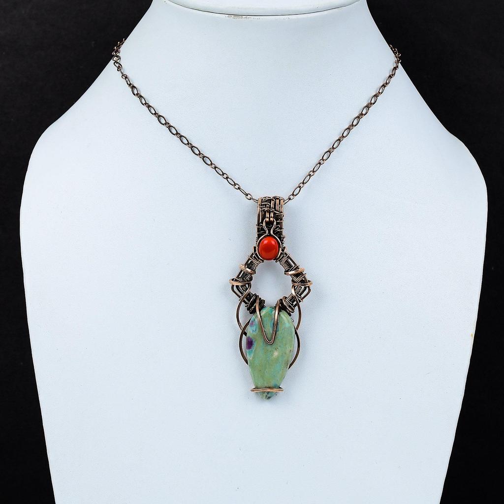 Ruby In Fuchsite, Coral Gemstone Pure Copper Wire Wrapped Handmade Jewelry Pendant Gift