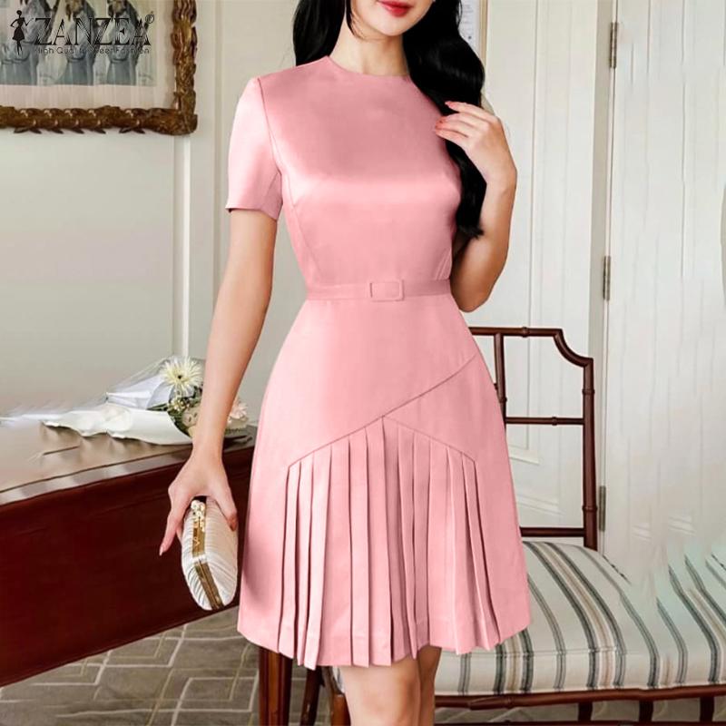 ZANZEA Women Casual Round Neck Summer Short Sleeve Dress