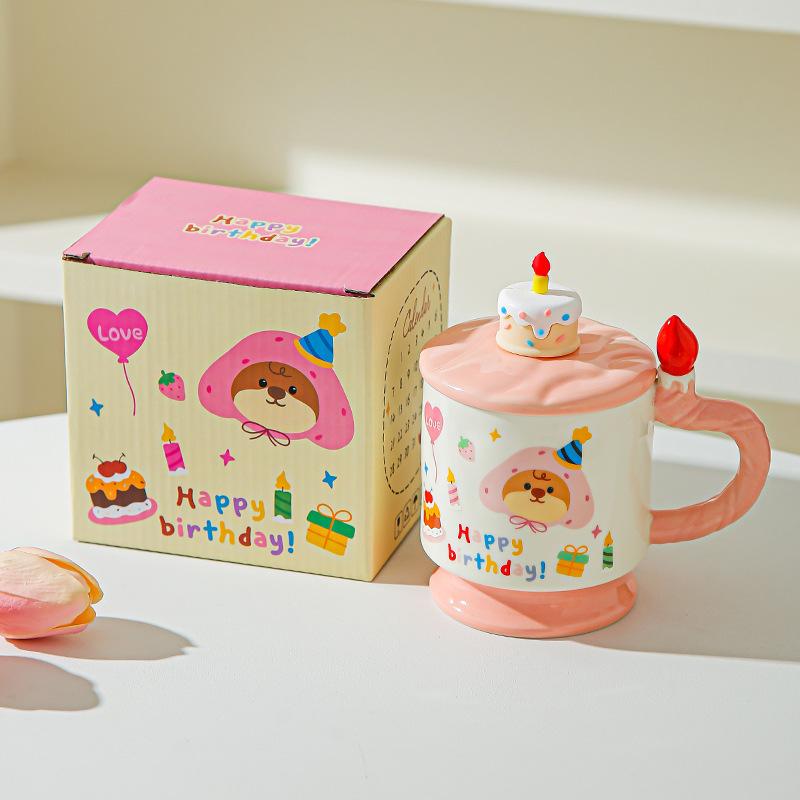 Cute cute pet birthday cake cartoon mug high value creative birthday souvenir household water cup with lid 301-400ml