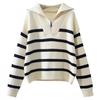 Women's Korean Contrast Color Half-Zip Striped Pullover Sweater