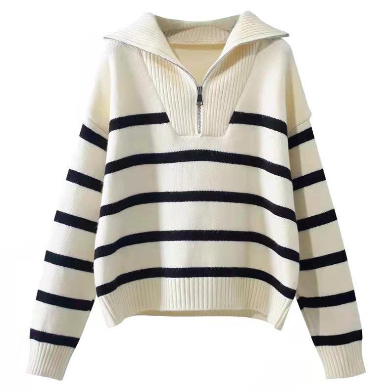 Women's Korean Contrast Color Half-Zip Striped Pullover Sweater