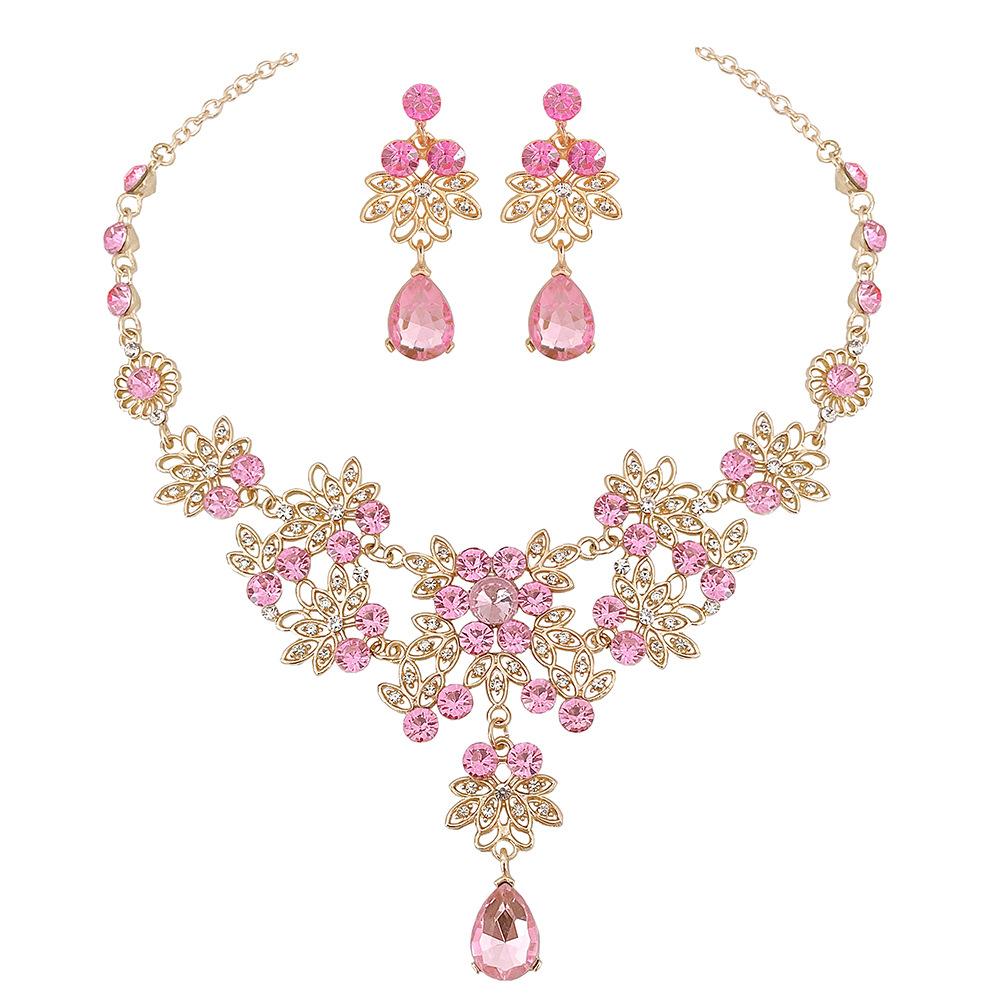 DIEZI Luxury Wedding Bridal Purple Pink Crystal Necklace Earrings Jewelry Sets For Women Fashion Water Drop Rhinestone Jewelry