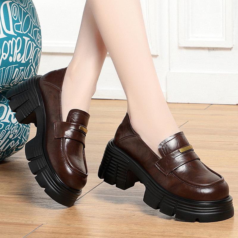 Fashion Comfortable Thick-Soled Leather Shoes Spring Autumn New Round-Toe Women's Shoes Versatile With British Style Thick Heel Loafers