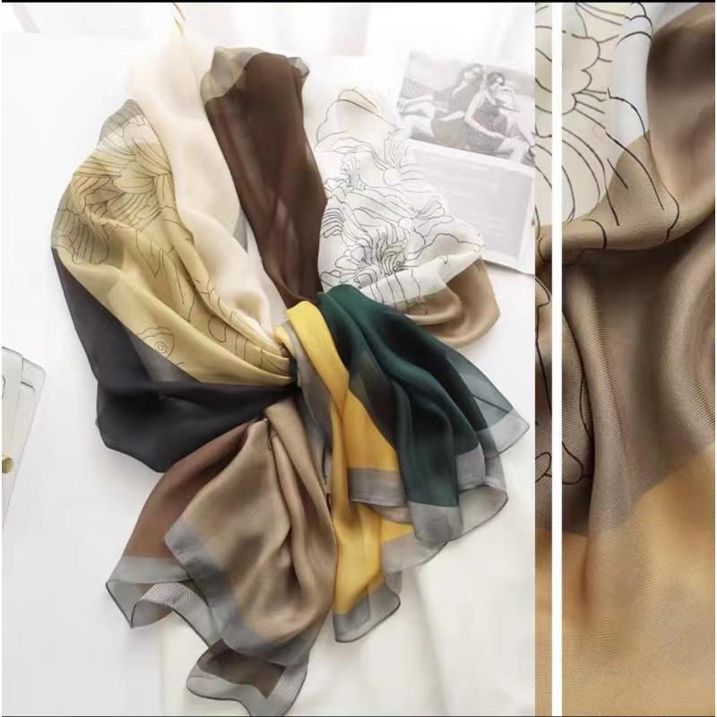 Silk Scarf Folral Women Summer Hijab Luxury Print Sunscreen Shawl Wraps Bandana Ladies Head Scarves Large Foulard Echarpe