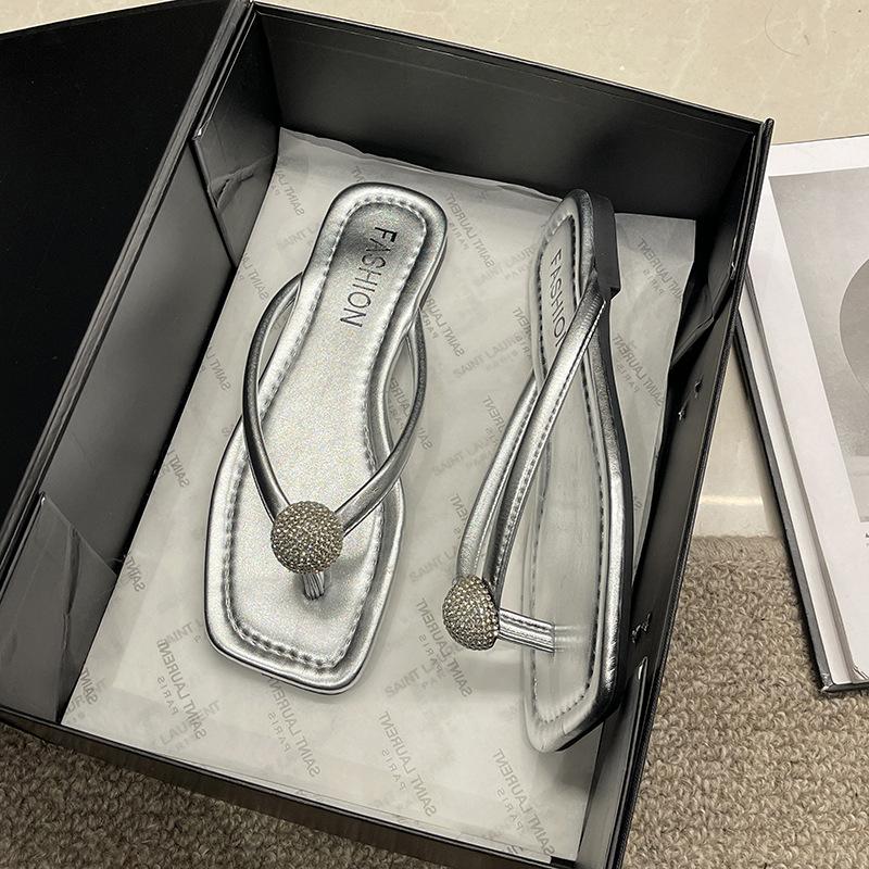 

Шлепанцы на плоской подошве женские туфли лето новый нишевый ретро универсальный верх носок пляжные сандалии 40 серебряный