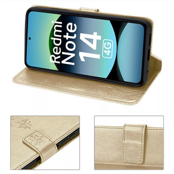 Case and 2 Tempered Glasses for Xiaomi Redmi Note 14 4G (not for 5G) Protection Leather Effect Relief Pattern Golden Butterfly