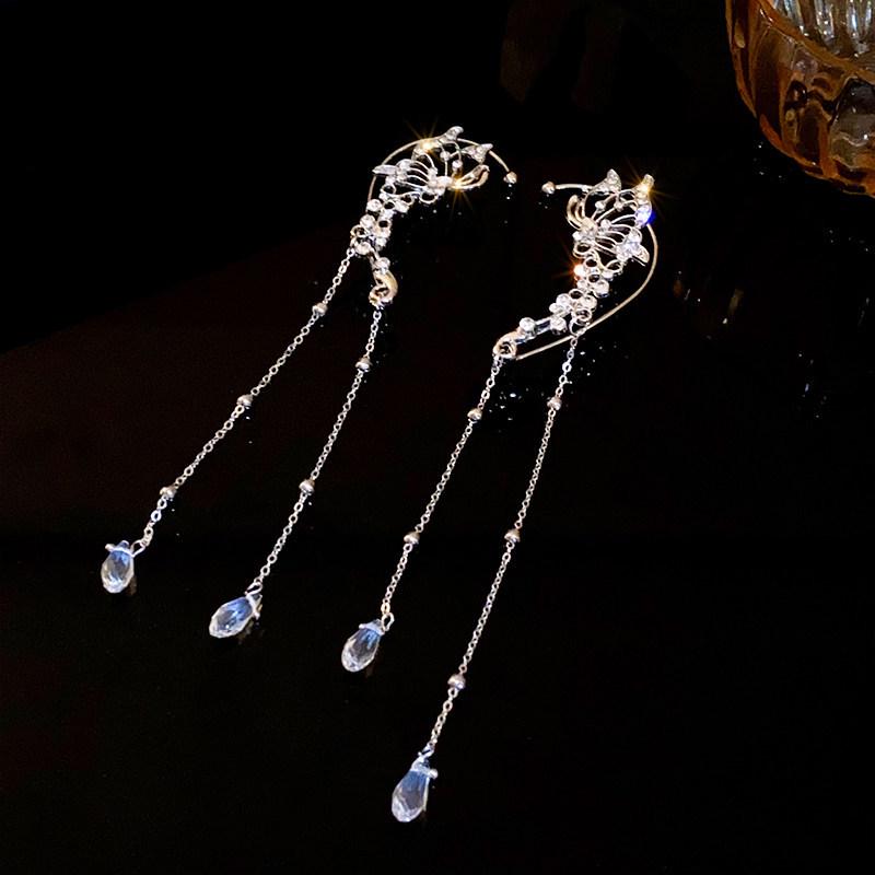 Elegant Rhinestone Flower & Water Drop Tassel Earrings - High-End Fashion Ear Cuffs