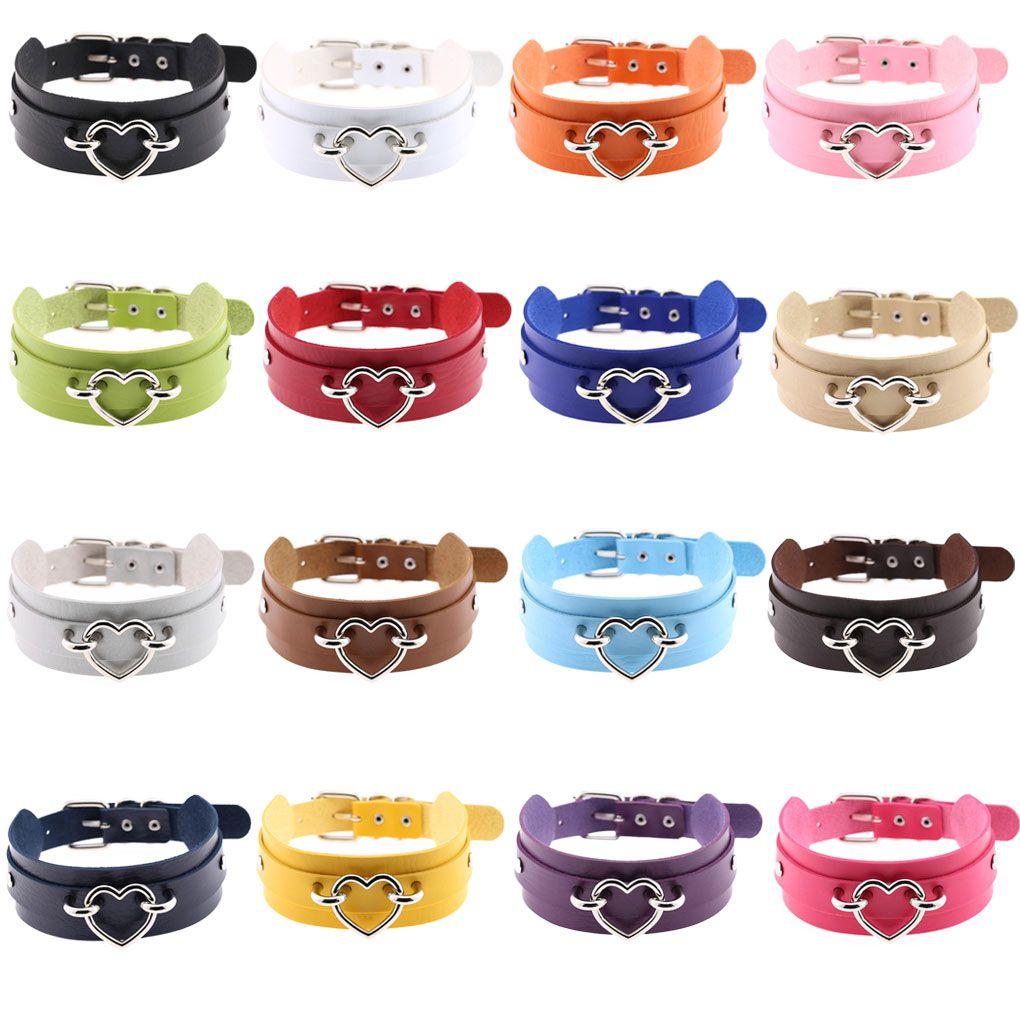 PU Imitation Leather Gothic Punk Choker Short Necklace Hollow Heart Shape Connector Choker