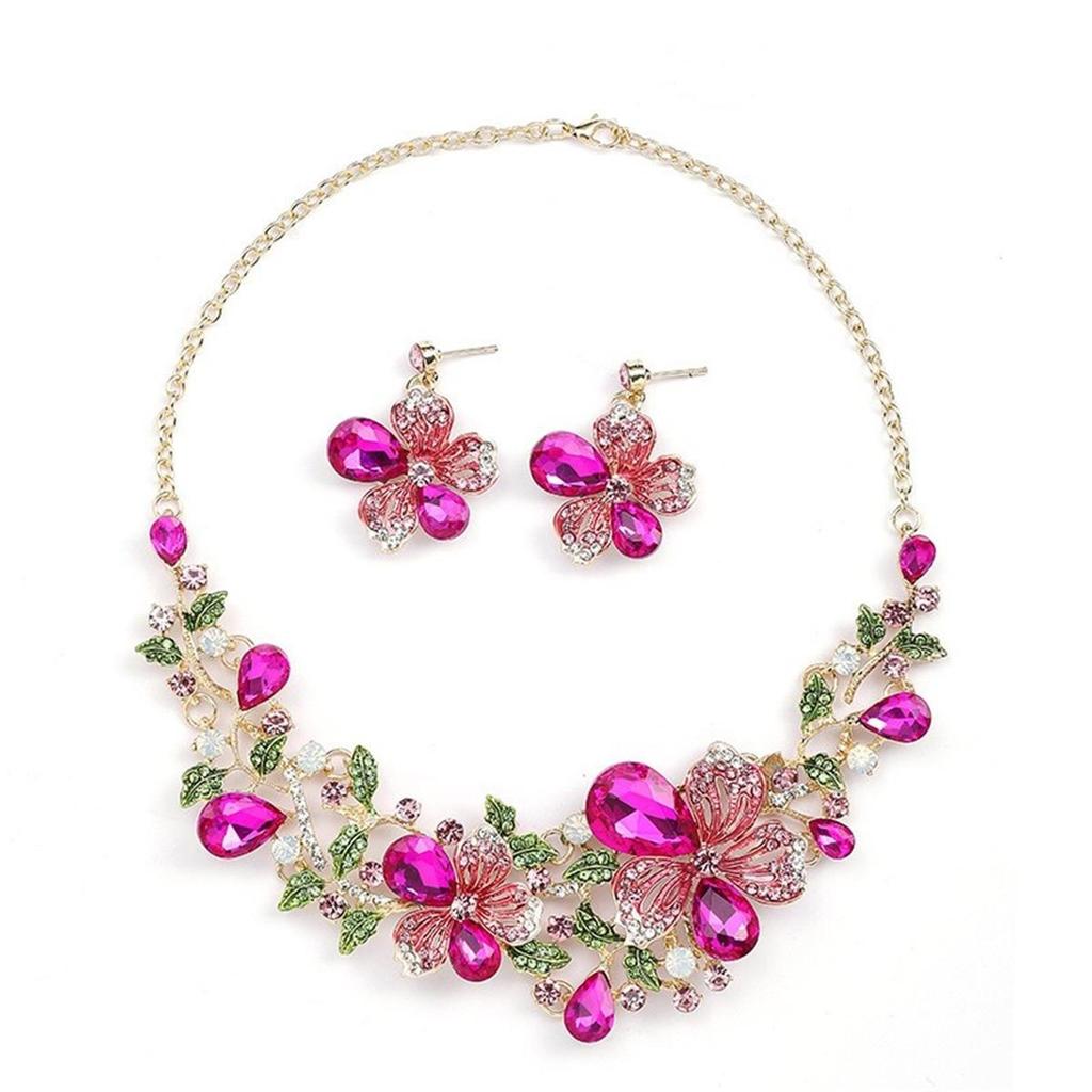 European and American Flower Necklace Earrings Set, Colored Crystal Gemstone Jewelry Dress, Bridal Banquet Women's Match