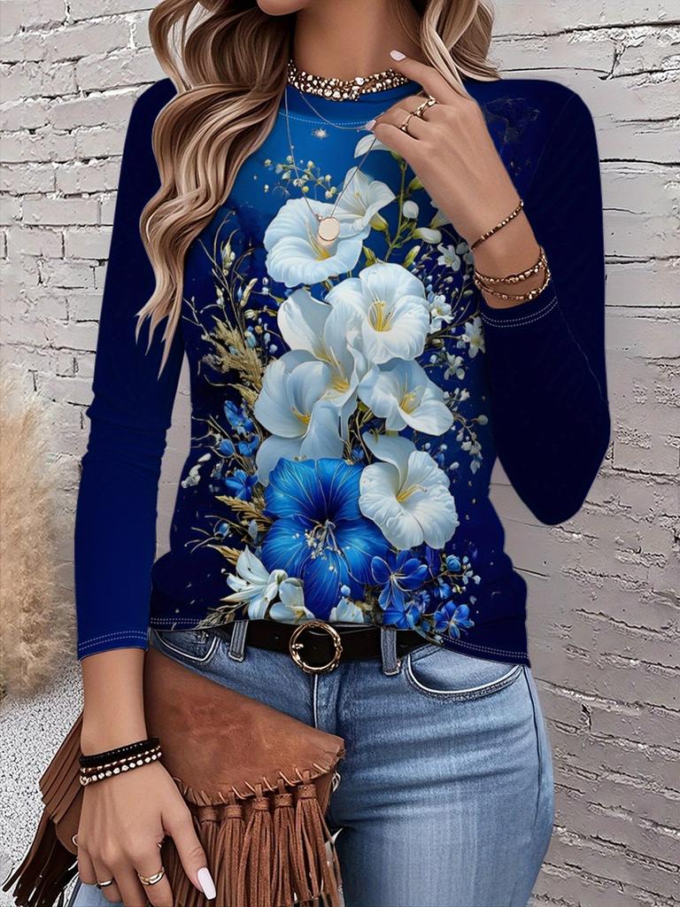 2026 New Women's Fashionable Long-Sleeved T-Shirt with Retro Floral Pattern, Perfect for Everyday Wear and Stylish Outfits