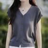 Linen V-neck Knit Cardigan - Women's Short Sleeve, Summer 2026, Solid Color, Loose Fit.