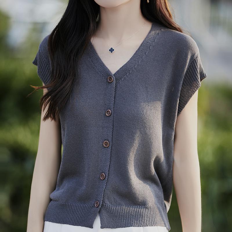 Linen V-neck Knit Cardigan - Women's Short Sleeve, Summer 2026, Solid Color, Loose Fit.