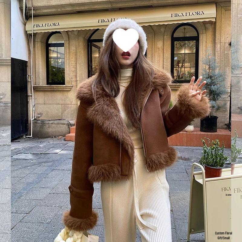Women's 2025 Spring Shearling Suede Short Motorcycle Jacket - Slimming Korean Style