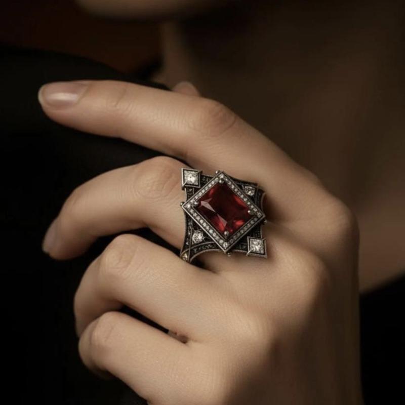 European and American new fashionable retro red zircon inlaid personalized versatile men's and women's rings