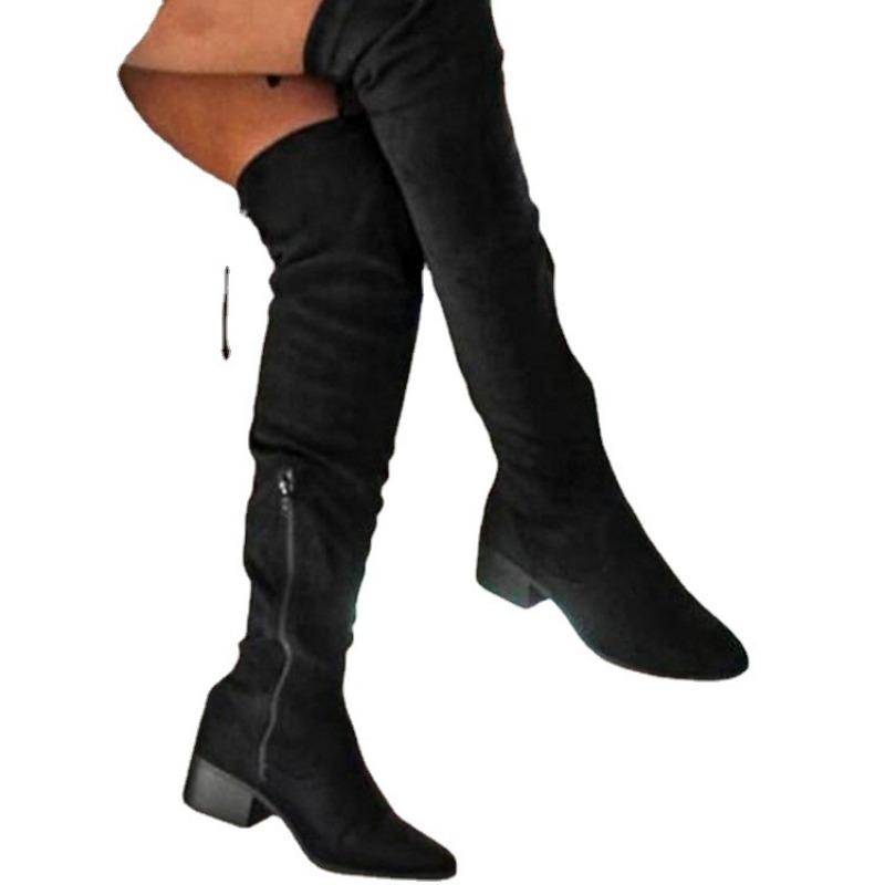 Autumn and Winter New Over-the-knee Boots Women's Elastic Mid-heel Sexy Boots Skinny Boots Back Lace-up Thick-heeled Boots