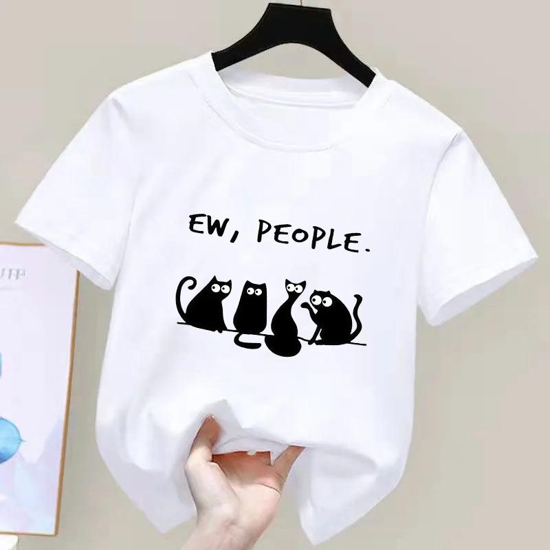 EW PEOPLE Letter Print Kids TShirt Summer Childrens Pure Cotton Shortsleeved Casual Tops Boysgirls Gifts Black Cat Pattern
