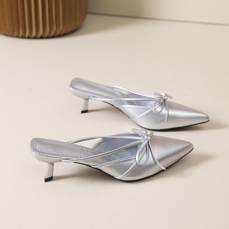 stiff heel bow bag head half slippers fairy shoes 2025 summer new French temperament large size half slippers woman