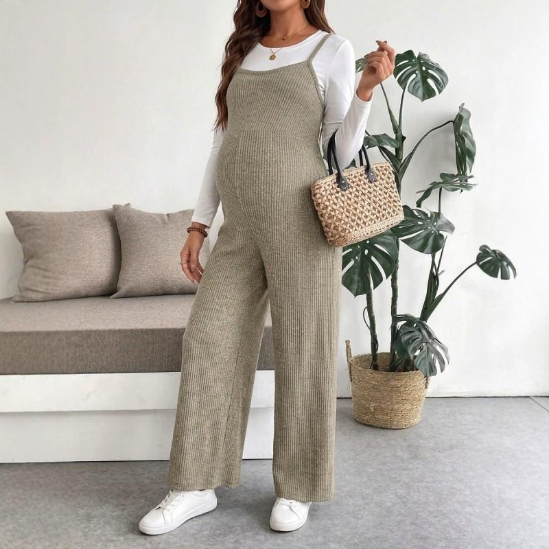 Maternity Jumpsuit With Adjustable Straps Loose Knit Wide-Leg Pants Comfortable Casual Pregnancy Wear