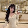 Pure Desire Spicy Girl V-Neck Tie-Up Long Sleeve T-Shirt - Women's Slimming Ruched Top for Autumn/Winter
