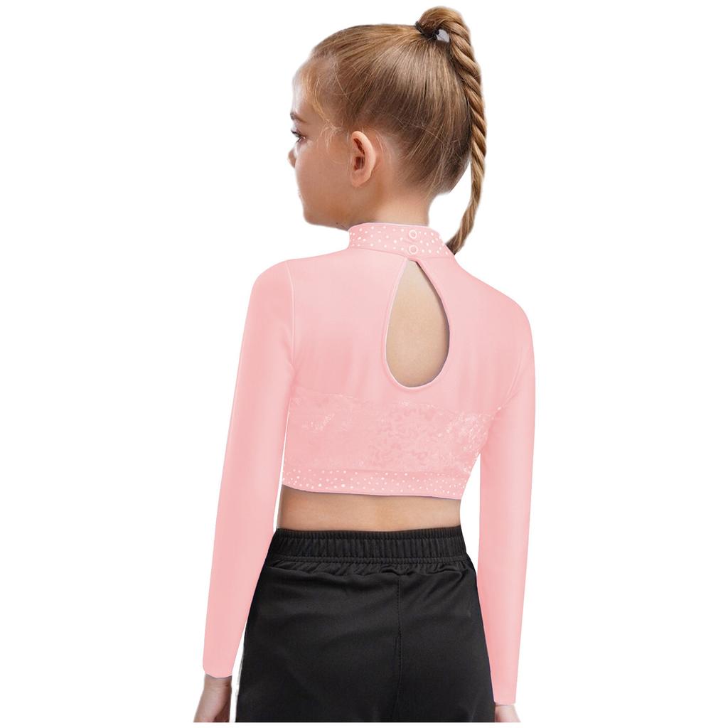 Dziewczęcy Crop Top do Tańca Jazzowego z Wysokim Dekoltem i Długim Rękawem, Przezroczysta Siateczka, Patchwork, Błyszczące Płatki, Kostium na Występ