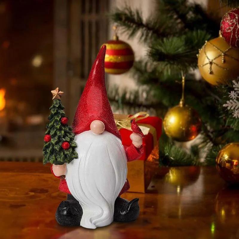 Santa Claus Statue Christmas Home Decoration Gnome Holding Christmas Tree Ornaments Garden Microlandscape Decor Resin Crafts