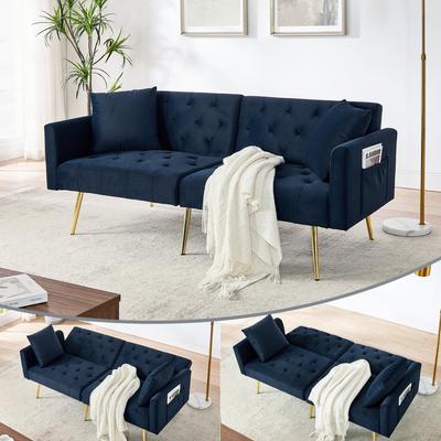 Velvet Two-Seater Sofa, 3-Level Adjustable Backrest, 2 Included Cushions, Sturdy Metal Legs, Soft Comfortable for Living Room, Rental Apartment, Blue