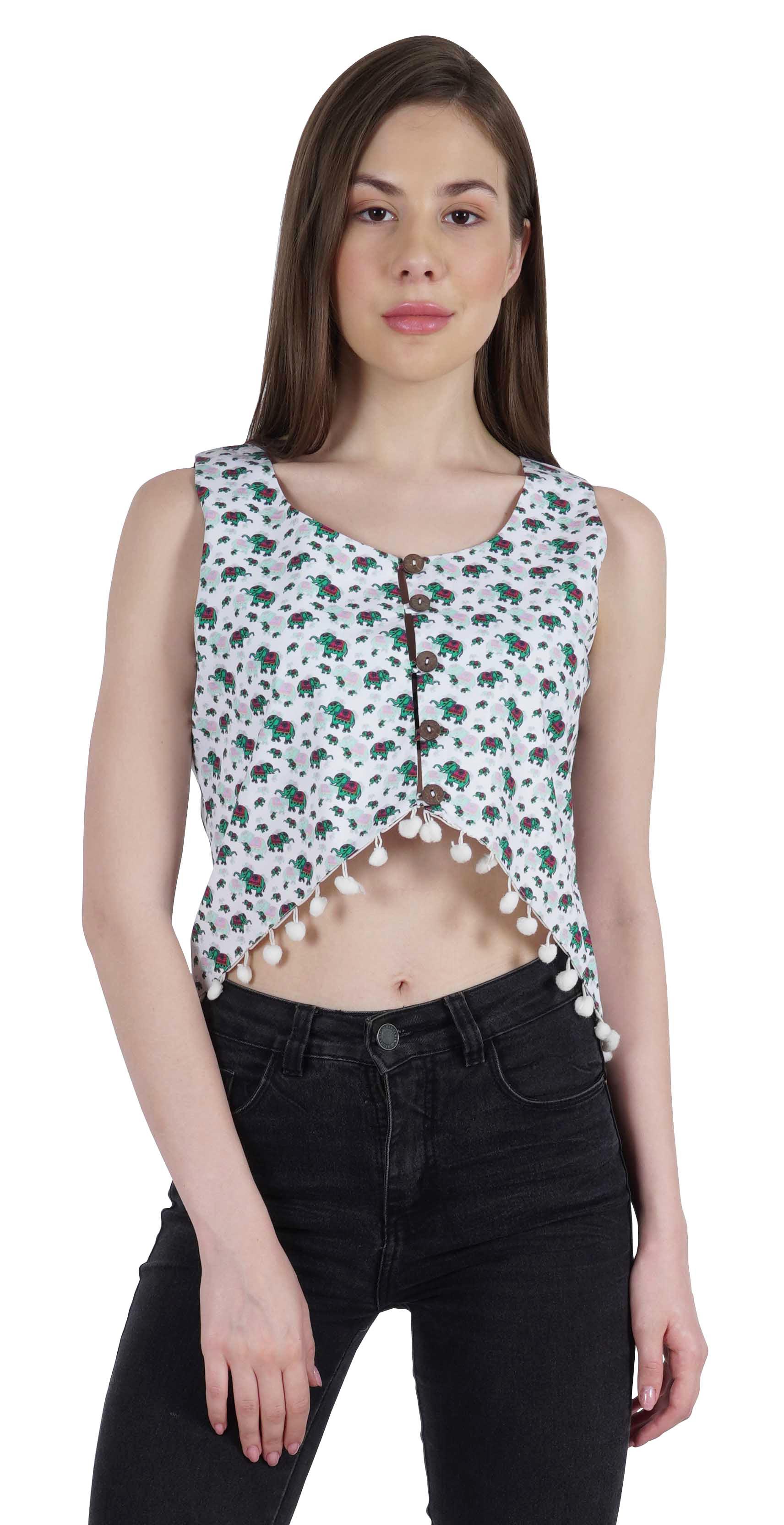 

Moomaya Printed Tassels Crop Top For Womens Summer Button Down Sleeveless XS білий