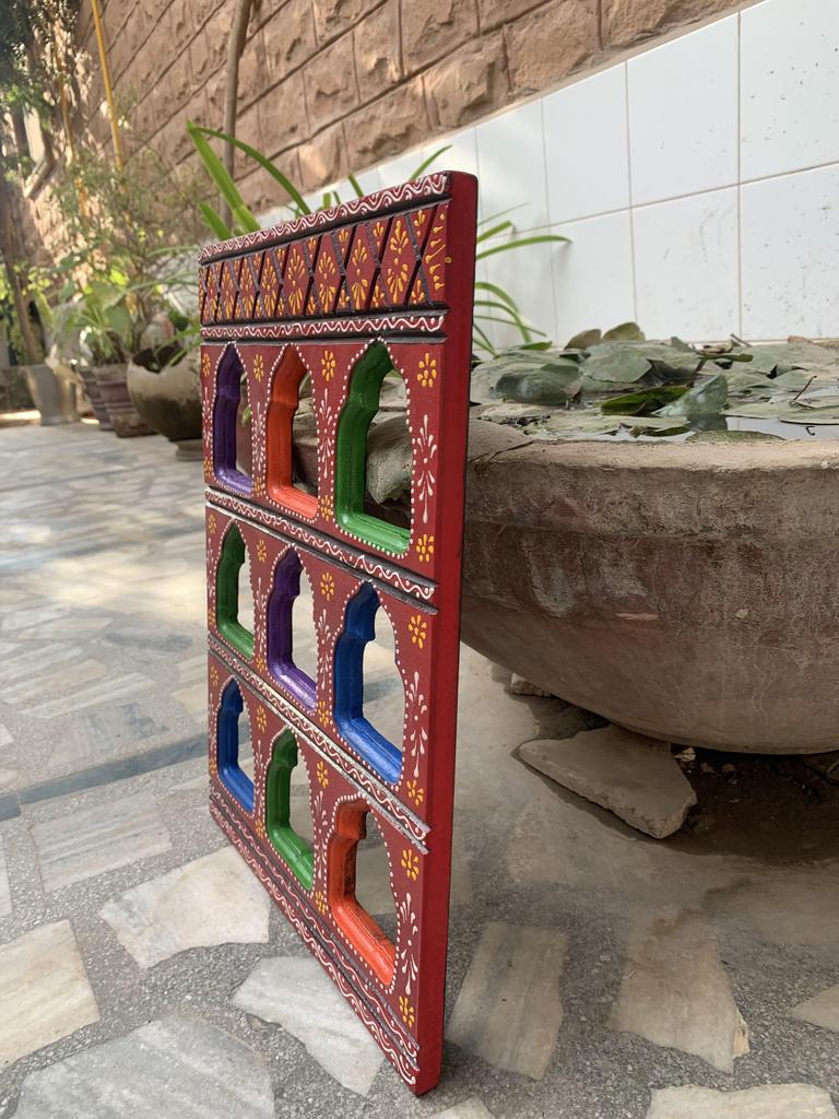 Colorful Hand Painted Wooden Wall Hanging | Indian Jharokha Style Folk Art | Boho Ethnic Home Decor