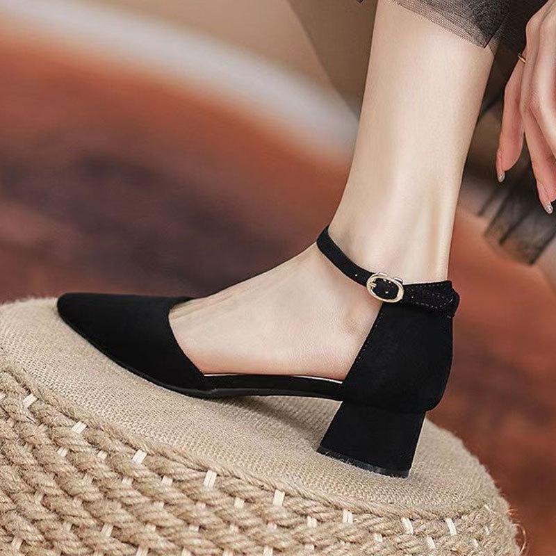 Baotou sandals fairy style 2025 spring new professional pointed high heels one word with thick heel medium heel single shoes