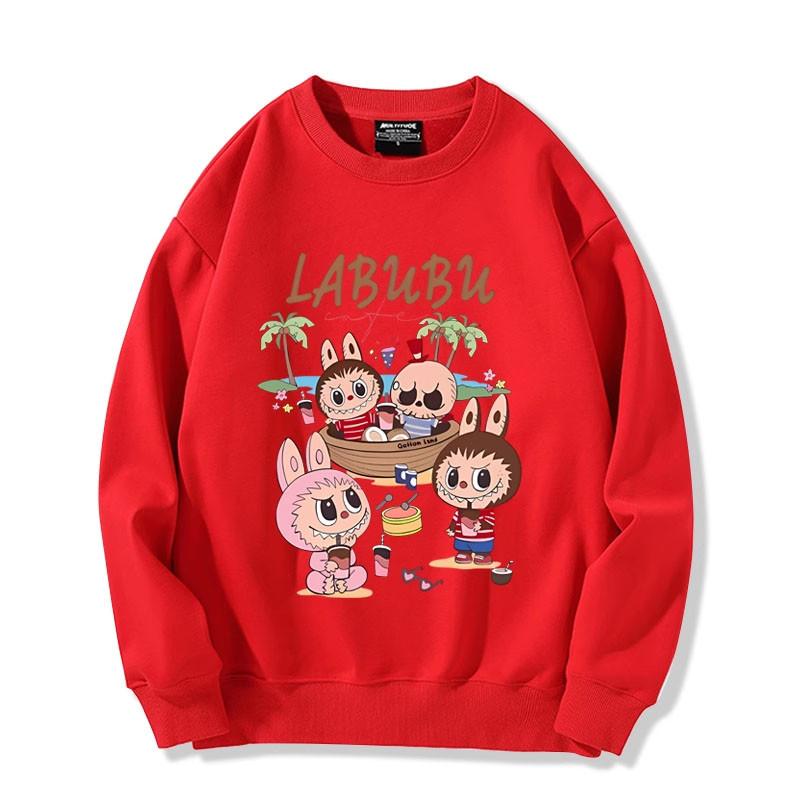 Retro cute cartoon Labubu printed loose round neck sweatshirt men's and women's winter new tops