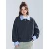 Wassup Retro Striped Patchwork Lapel Fake Two-Piece Sweatshirt for Women, Autumn Gray Loose Lazy Style American Top