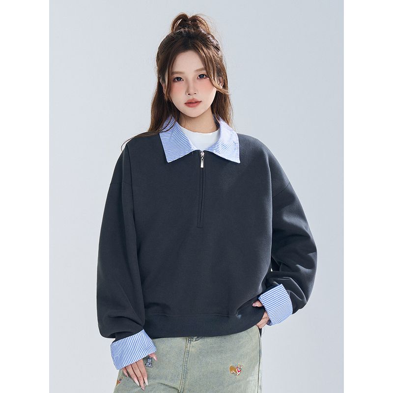 Wassup Retro Striped Patchwork Lapel Fake Two-Piece Sweatshirt for Women, Autumn Gray Loose Lazy Style American Top