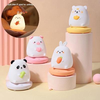 LED Night Lights for Children Bedroom Cute Animal Pig Rabbit Silicone Lamp Touch Sensor Dimmable Child Holiday Gift Rechargeable