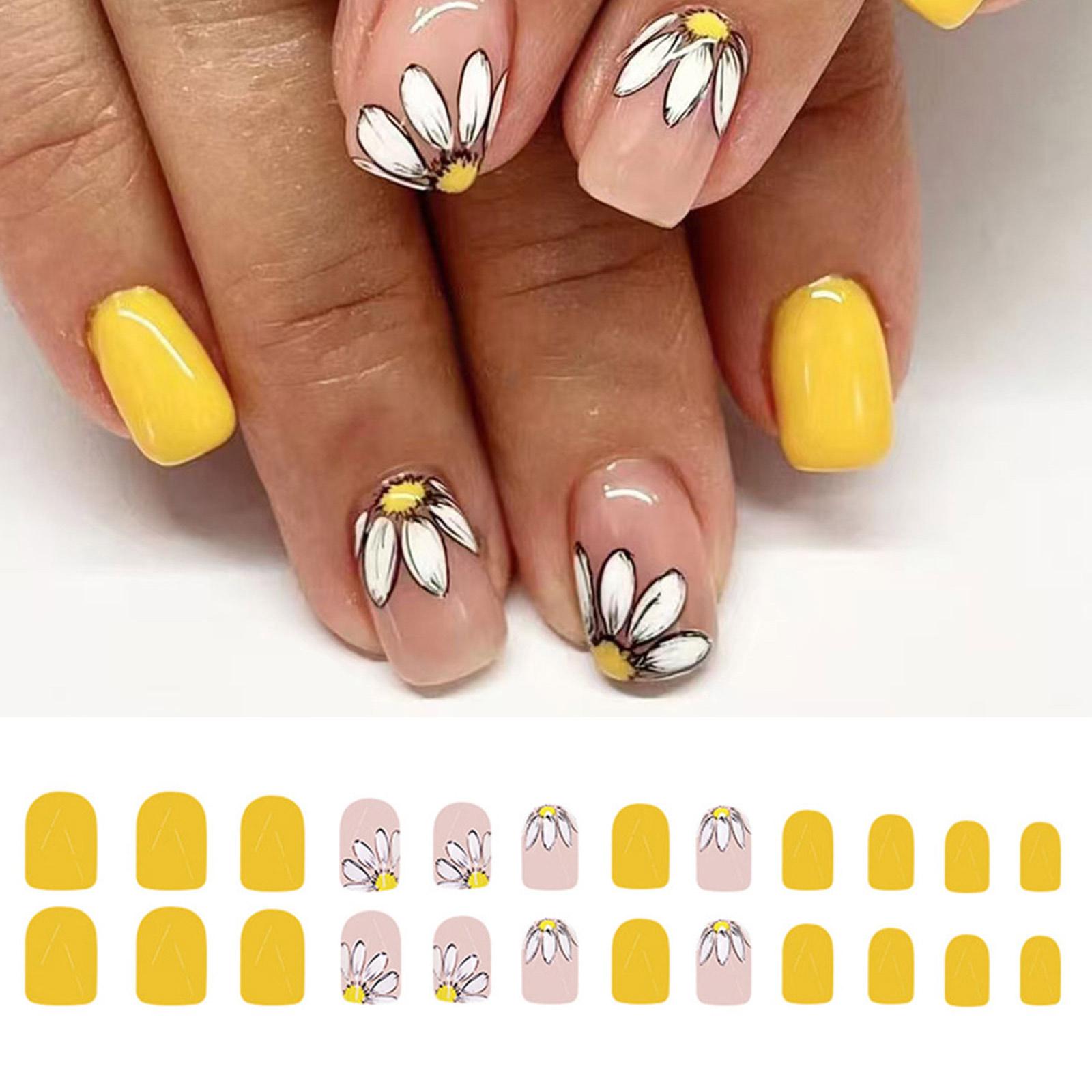

Press on Nail Yellow Short Square False Nails with Floral Designs Glossy Full Cover Stick on Nails for Women 24 Pcs