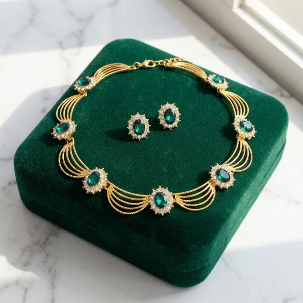 Retro Necklace Earrings Set Geometric Crystal Rhinestone Earring Matching Set Gold-Tone Elegant Gemstone Necklace Set