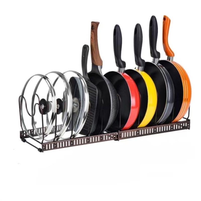 Adjustable Kitchen Storage Rack Organizer for Cookware, Cutting Boards, Pot Lids, and Telescopic Shelf.