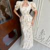 European beautiful women spring new square neck lace-up short-sleeved dress temperament hip-wrapped dress